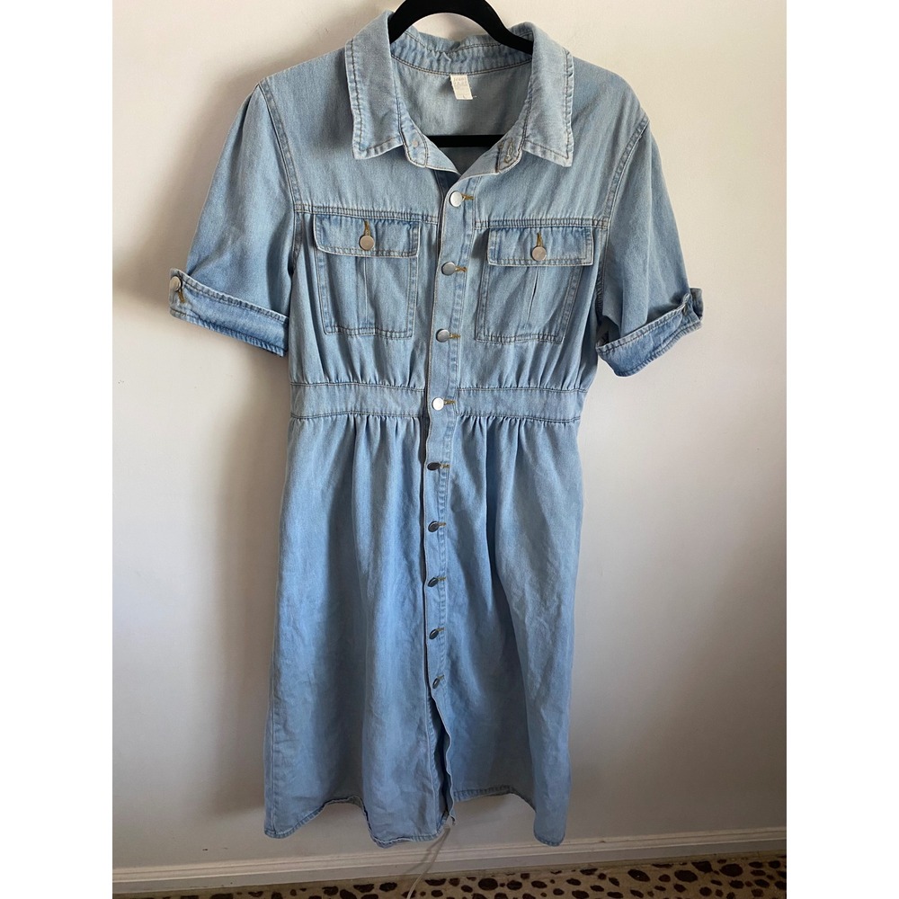 Jeans Light Wash Denim Button Down Midi Shirt Dress Short Sleeve Blue Women L